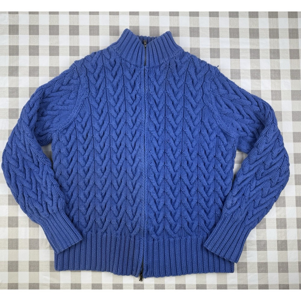 Lands End Cable Knit Sweater Blue Zip Cardigan Cozy Grandpa Core